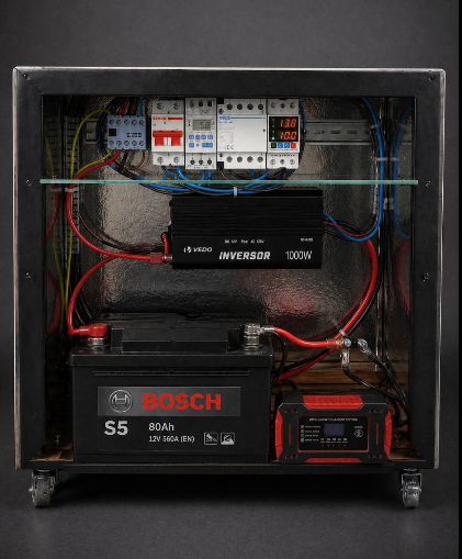Vista frontal do gabinete Prime Backup com inversor 1000W e bateria de alta performance