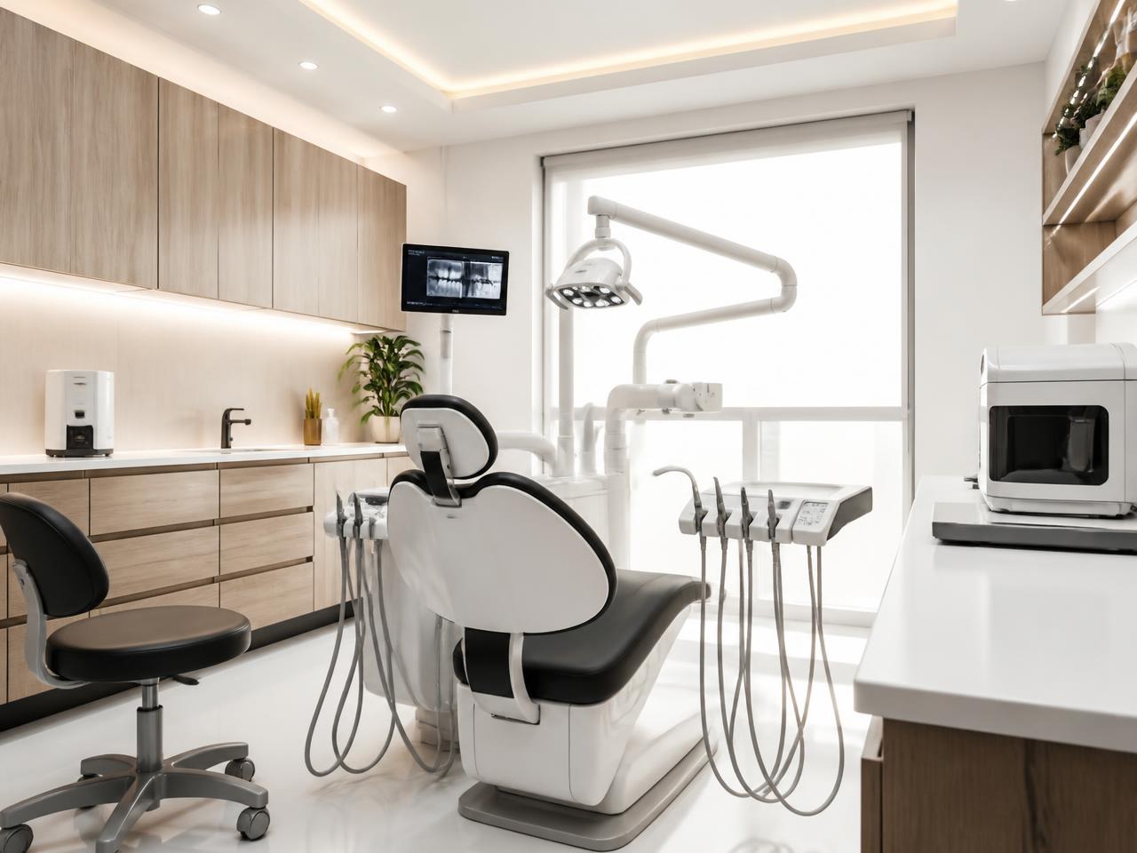 Sala de atendimento de clínica odontológica e estética com equipamentos em operação