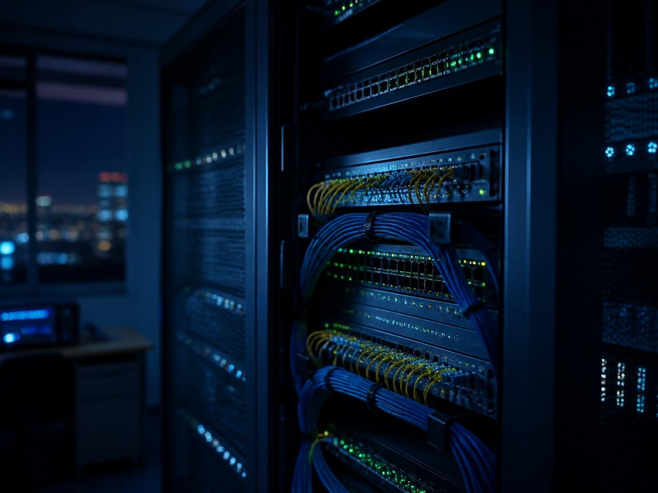 Rack de equipamentos de rede de provedor de internet em operação